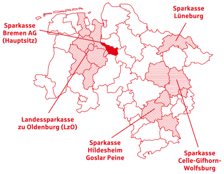 rote Landkarte mit eingezeichneten Städten Bremen, Oldenburg, Lüneburg, Hildesheim, Goslar, Peine, Celle, Gifhorn und Wolfsburg
